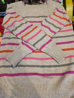 St. John's Bay Beige Crewneck Sweater with Pink & Orange Stripes